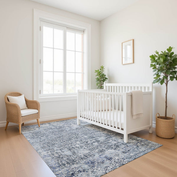 HomeRoots 10' Denim Blue & Ivory Oriental Area Rug - Washable, UV Protected, Pet-Friendly for High Traffic Spaces 700199