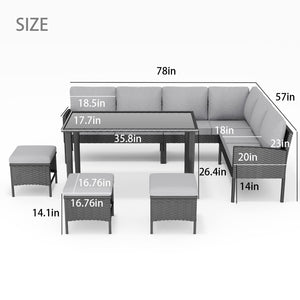 English Elm Small Patio Pe Rattan 7 Piece Outdoor Set with Tempered Glass Table and Cushioned Seating W2071P365907