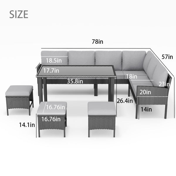 English Elm Small Patio Pe Rattan 7 Piece Outdoor Set with Tempered Glass Table and Cushioned Seating W2071P365907