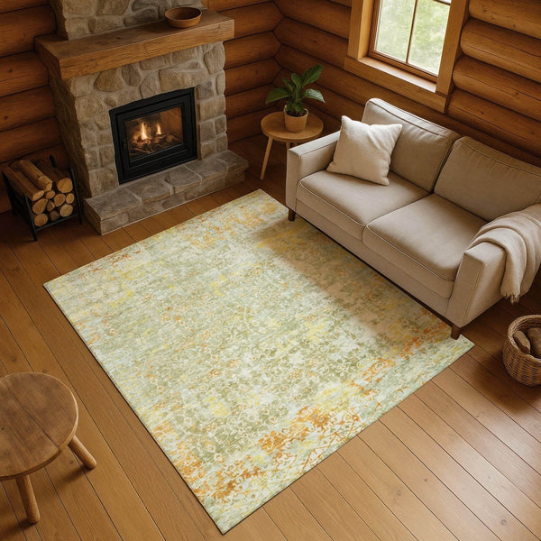 HomeRoots 9' X 12' Stylish Sage Gold Copper Oriental Rug – Washable, UV Protected, Kid & Pet Friendly Design 700204