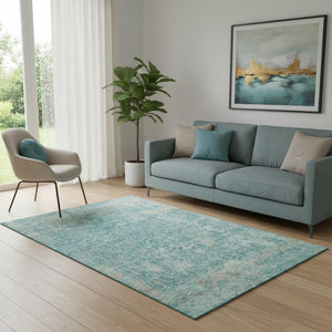 HomeRoots 5' X 8' Teal Gray Taupe Washable Area Rug - UV Protected, Stain-Resistant, Pet-Friendly Design 700207