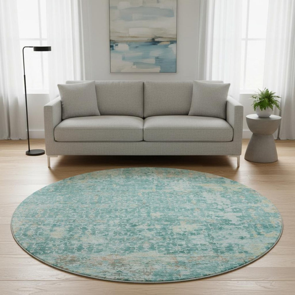 HomeRoots 8' Teal Gray and Taupe Oriental Washable Round Rug with UV Protection - Durable, Stylish, and Family-Friendly 700208