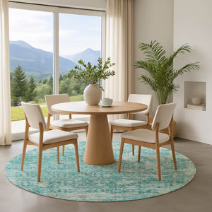 HomeRoots 8' Teal Gray and Taupe Oriental Washable Round Rug with UV Protection - Durable, Stylish, and Family-Friendly 700208