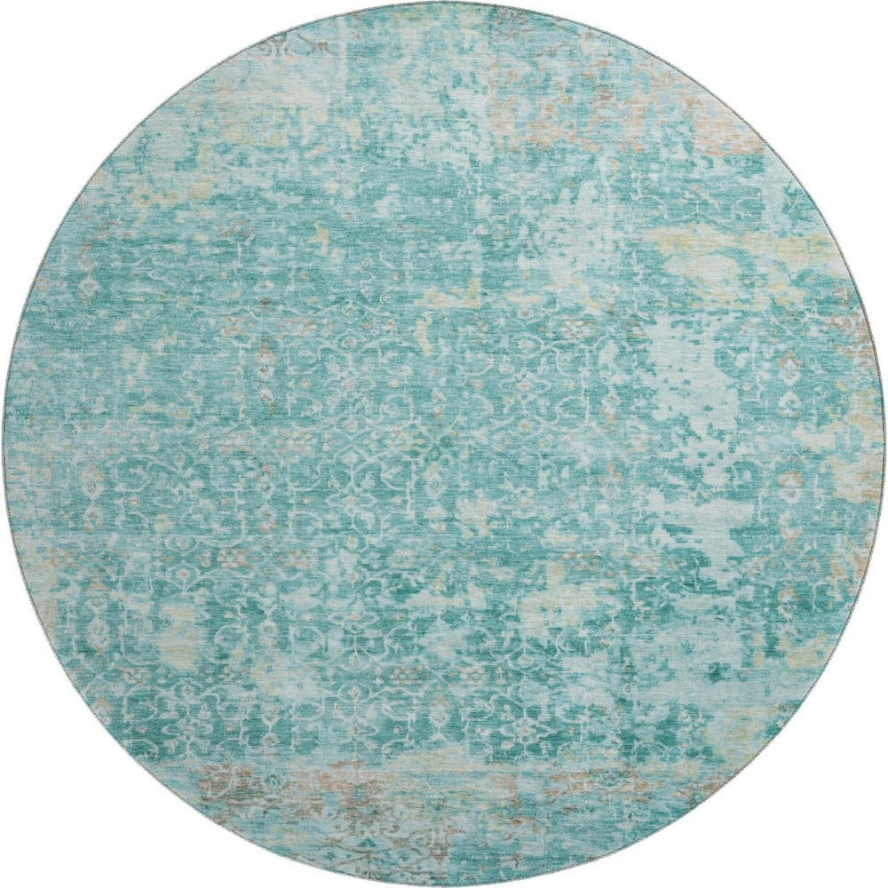 HomeRoots 8' Teal Gray and Taupe Oriental Washable Round Rug with UV Protection - Durable, Stylish, and Family-Friendly 700208