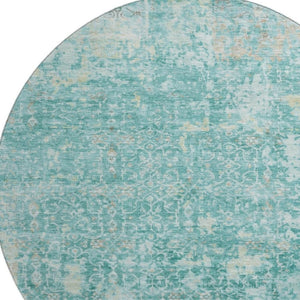 HomeRoots 8' Teal Gray and Taupe Oriental Washable Round Rug with UV Protection - Durable, Stylish, and Family-Friendly 700208