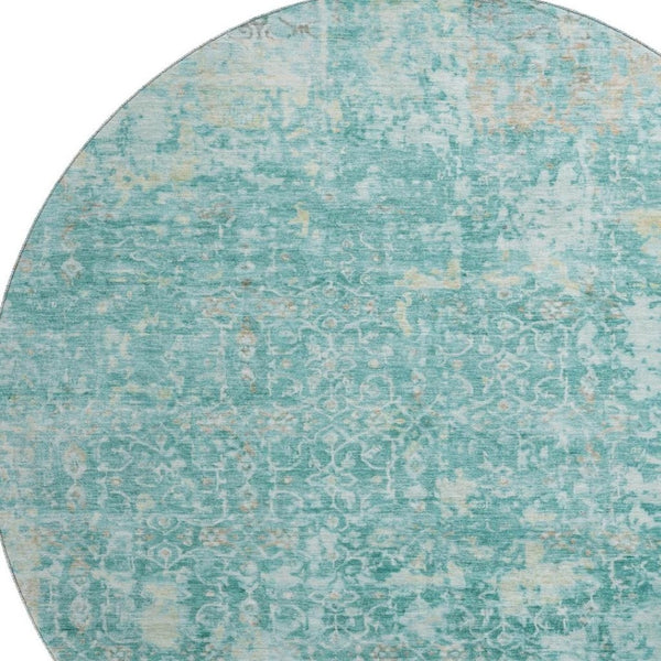 HomeRoots 8' Teal Gray and Taupe Oriental Washable Round Rug with UV Protection - Durable, Stylish, and Family-Friendly 700208