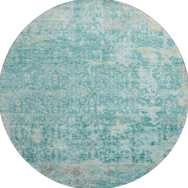 HomeRoots 8' Teal Gray and Taupe Oriental Washable Round Rug with UV Protection - Durable, Stylish, and Family-Friendly 700208