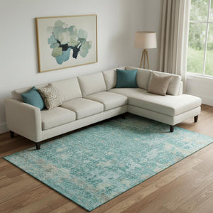 HomeRoots 10' Teal Gray and Taupe Oriental Area Rug - Washable, UV Protected, Stylish for Busy Homes! 700211