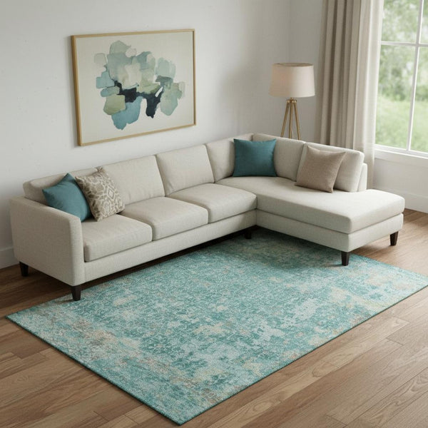 HomeRoots 10' Teal Gray and Taupe Oriental Area Rug - Washable, UV Protected, Stylish for Busy Homes! 700211