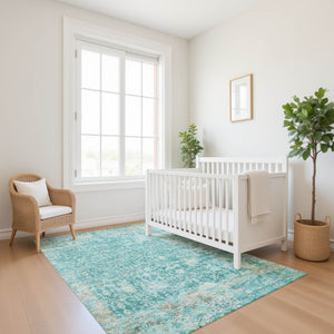HomeRoots 10' Teal Gray and Taupe Oriental Area Rug - Washable, UV Protected, Stylish for Busy Homes! 700211