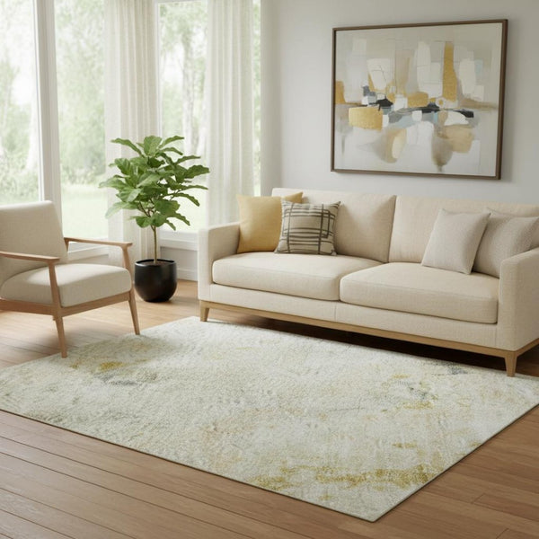 HomeRoots 5' X 8' Abstract Beige Gold Ivory Area Rug - Washable, Stain Resistant, UV Protected for High Traffic 700219