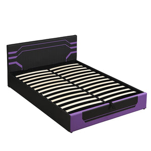 English Elm Modern Cyberpunk Queen Platform Bed Hydraulic Storage Pu Upholstered Gaming Frame Purple+Black SF000205AAI