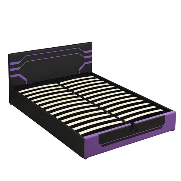 English Elm Modern Cyberpunk Queen Platform Bed Hydraulic Storage Pu Upholstered Gaming Frame Purple+Black SF000205AAI