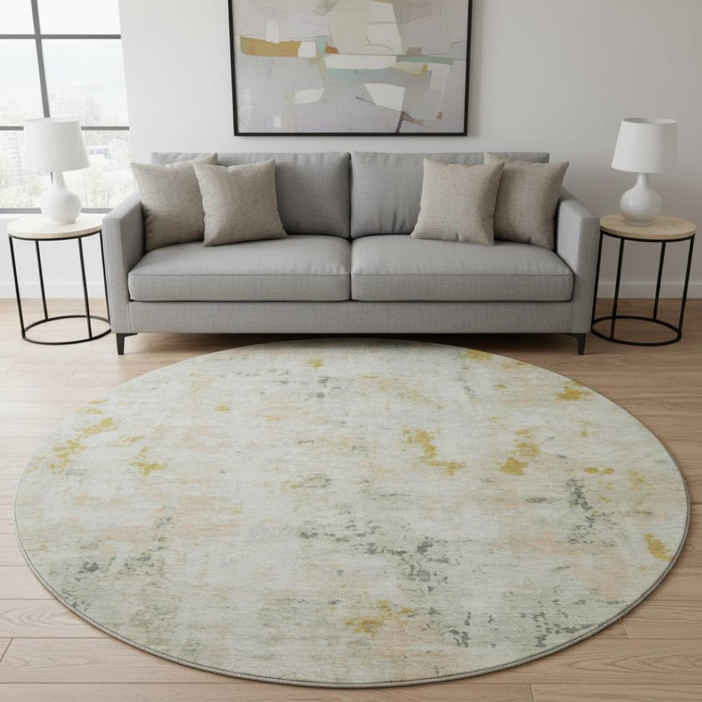 HomeRoots 8' Beige Gold and Ivory Abstract Round Rug – Washable, UV-Protected, Modern Design for High-Traffic Areas 700220