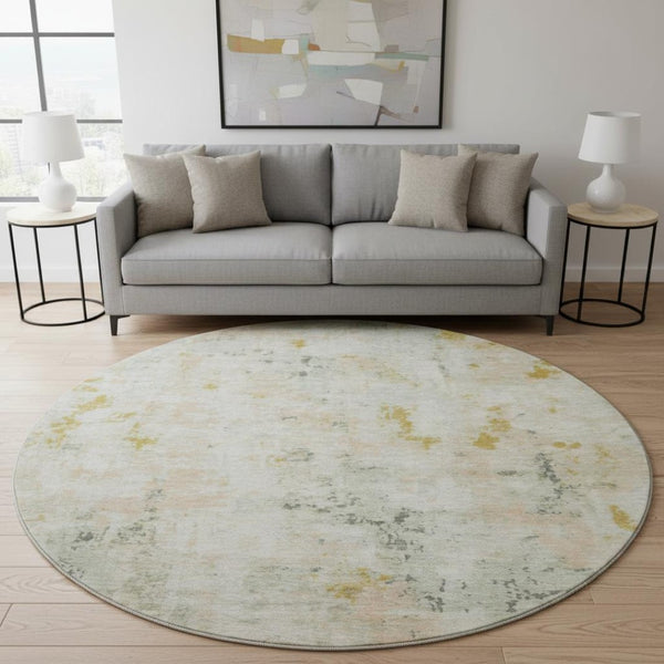 HomeRoots 8' Beige Gold and Ivory Abstract Round Rug – Washable, UV-Protected, Modern Design for High-Traffic Areas 700220