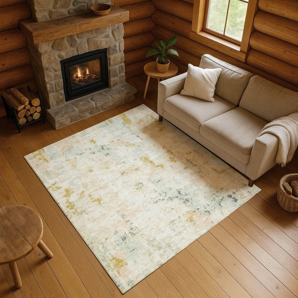 HomeRoots 9' X 12' Beige Gold Ivory Abstract Area Rug – Washable, UV Protected, Stylish for High-Traffic Spaces 700222