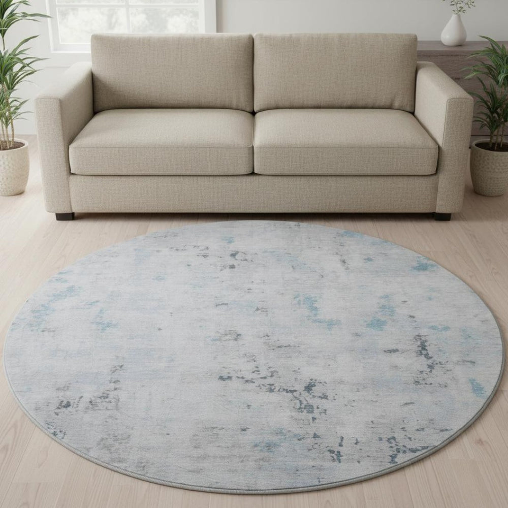 HomeRoots 8' Sky Blue Ivory and Gray Abstract Washable Round Rug - Durable, Stain Resistant, UV Protected Elegance 700232