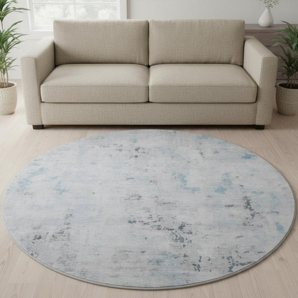 HomeRoots 8' Sky Blue Ivory and Gray Abstract Washable Round Rug - Durable, Stain Resistant, UV Protected Elegance 700232