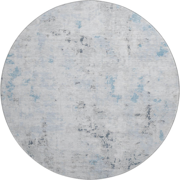HomeRoots 8' Sky Blue Ivory and Gray Abstract Washable Round Rug - Durable, Stain Resistant, UV Protected Elegance 700232