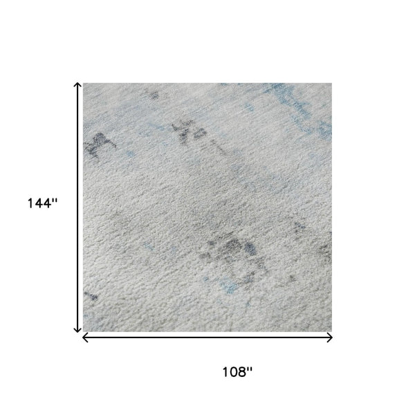 HomeRoots 9' X 12' Sky Blue Ivory & Gray Abstract Area Rug - Washable, UV Protected, Non-Slip for Active Homes 700234