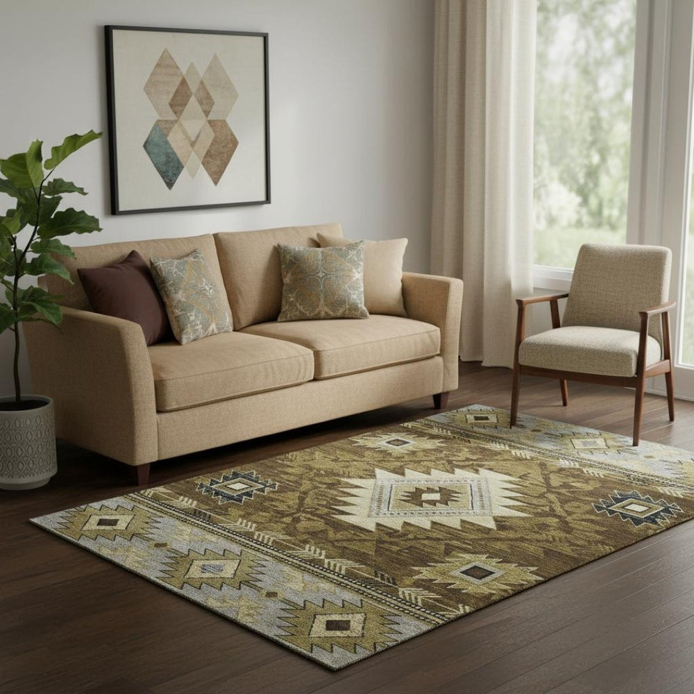 HomeRoots 5' X 8' Washable Geometric Area Rug in Brown, Beige & Charcoal - UV Protected, Non-Slip Design! 700237