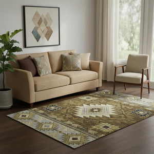 HomeRoots 5' X 8' Washable Geometric Area Rug in Brown, Beige & Charcoal - UV Protected, Non-Slip Design! 700237