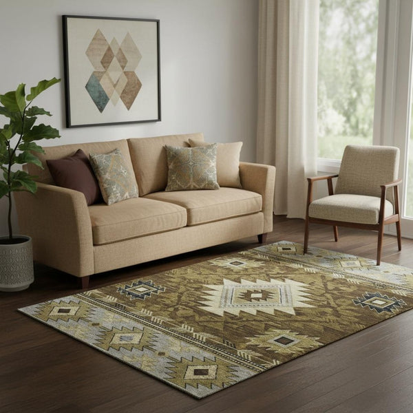 HomeRoots 5' X 8' Washable Geometric Area Rug in Brown, Beige & Charcoal - UV Protected, Non-Slip Design! 700237