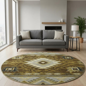 HomeRoots 8' Geometric Round Rug in Brown, Beige & Charcoal – Washable, UV-Protected, Stylish & Durable Design 700238
