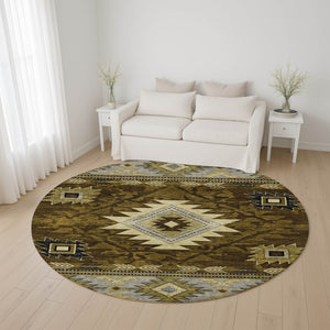 HomeRoots 8' Geometric Round Rug in Brown, Beige & Charcoal – Washable, UV-Protected, Stylish & Durable Design 700238