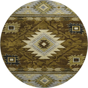 HomeRoots 8' Geometric Round Rug in Brown, Beige & Charcoal – Washable, UV-Protected, Stylish & Durable Design 700238