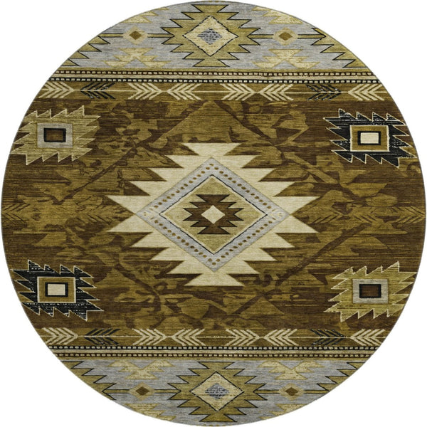 HomeRoots 8' Geometric Round Rug in Brown, Beige & Charcoal – Washable, UV-Protected, Stylish & Durable Design 700238