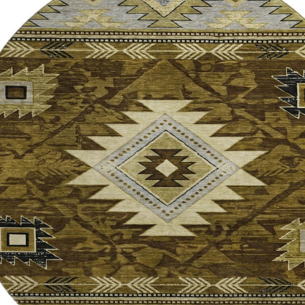 HomeRoots 8' Geometric Round Rug in Brown, Beige & Charcoal – Washable, UV-Protected, Stylish & Durable Design 700238