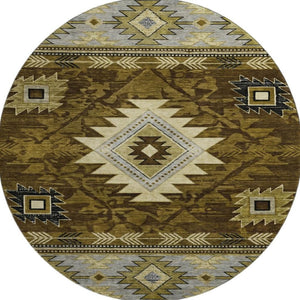 HomeRoots 8' Geometric Round Rug in Brown, Beige & Charcoal – Washable, UV-Protected, Stylish & Durable Design 700238