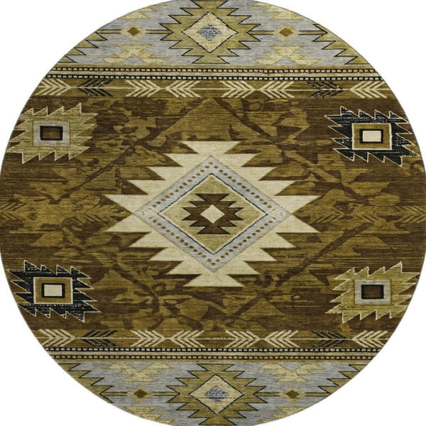 HomeRoots 8' Geometric Round Rug in Brown, Beige & Charcoal – Washable, UV-Protected, Stylish & Durable Design 700238