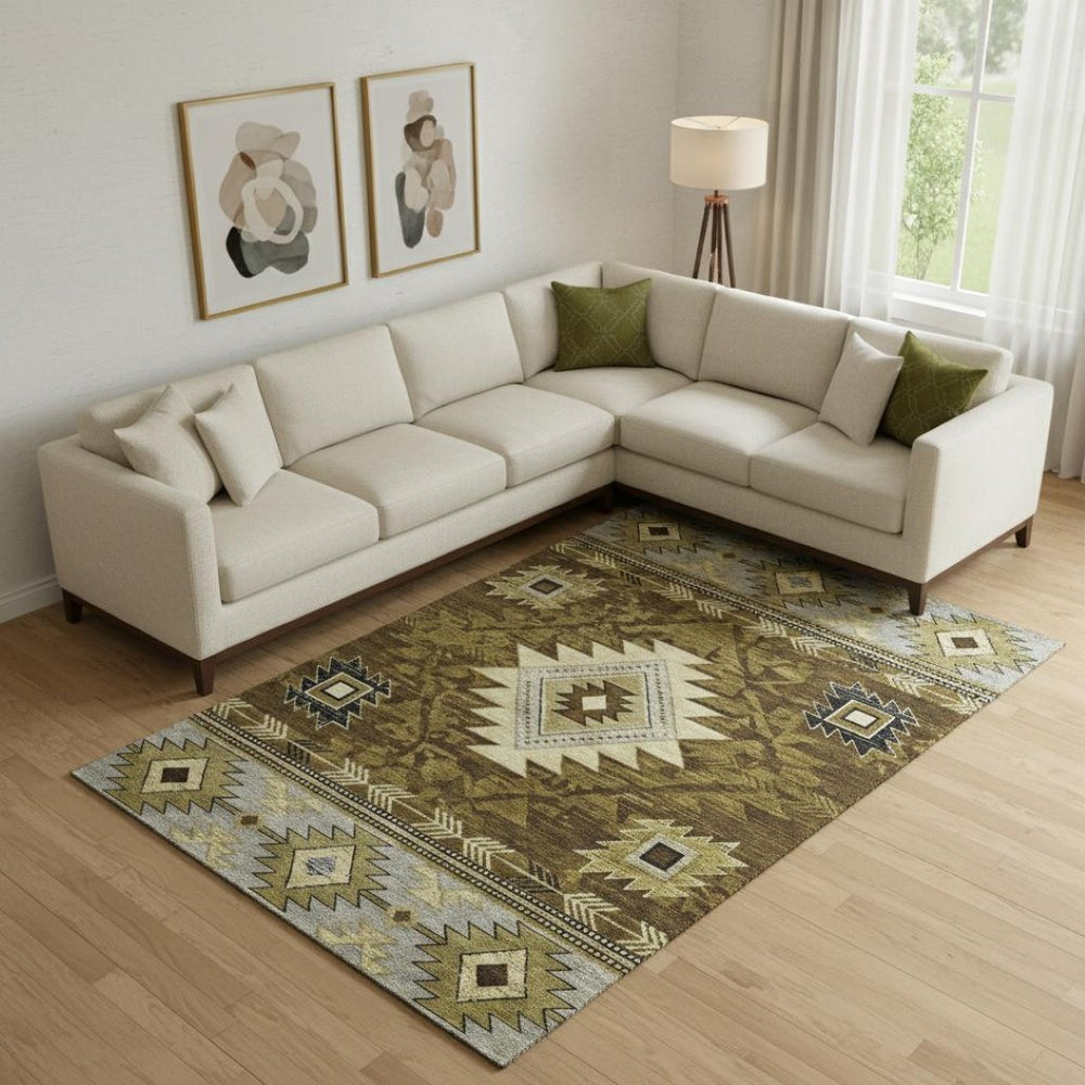 HomeRoots 9' X 12' Modern Geometric Washable Area Rug in Brown, Beige & Charcoal – UV Protected, Durable Design 700240