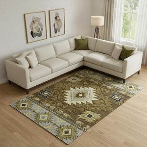 HomeRoots 9' X 12' Modern Geometric Washable Area Rug in Brown, Beige & Charcoal – UV Protected, Durable Design 700240