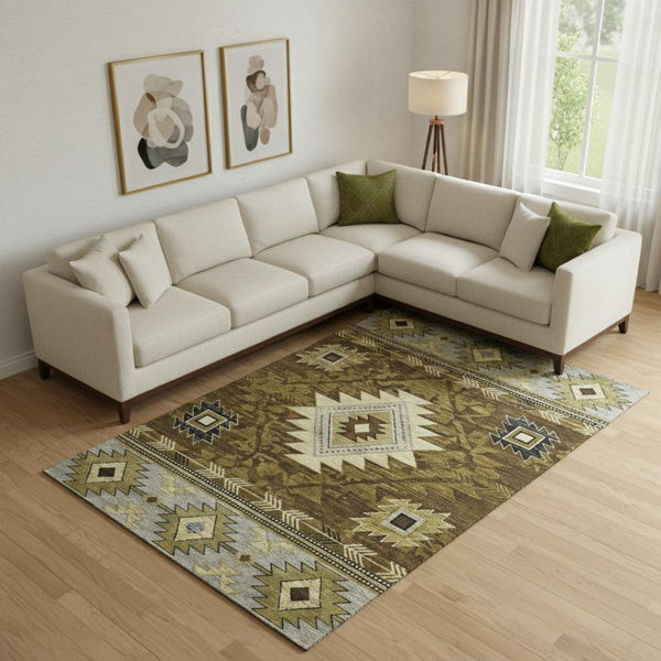 HomeRoots 9' X 12' Modern Geometric Washable Area Rug in Brown, Beige & Charcoal – UV Protected, Durable Design 700240