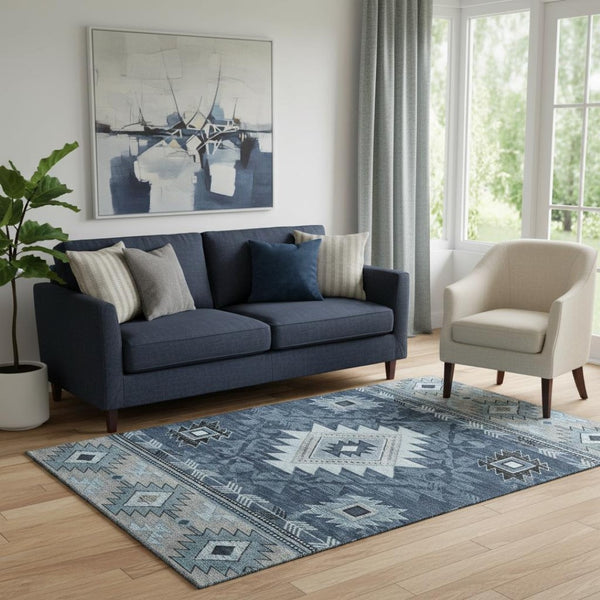 HomeRoots 5' X 8' Stylish Blue Charcoal Geometric Area Rug - Washable, UV Protection, Family-Friendly Design 700243