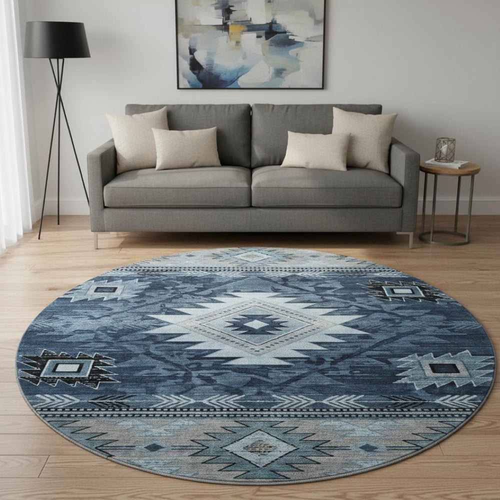 HomeRoots 8' Modern Blue Charcoal Gray Geometric Washable Round Rug – Durable, UV Protected & Easy-Care! 700244