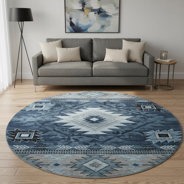HomeRoots 8' Modern Blue Charcoal Gray Geometric Washable Round Rug – Durable, UV Protected & Easy-Care! 700244