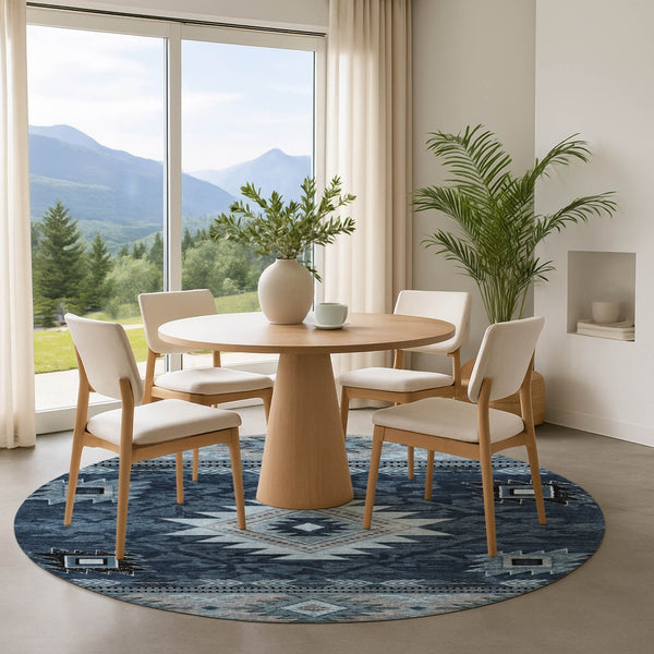 HomeRoots 8' Modern Blue Charcoal Gray Geometric Washable Round Rug – Durable, UV Protected & Easy-Care! 700244