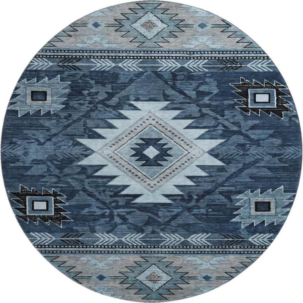 HomeRoots 8' Modern Blue Charcoal Gray Geometric Washable Round Rug – Durable, UV Protected & Easy-Care! 700244