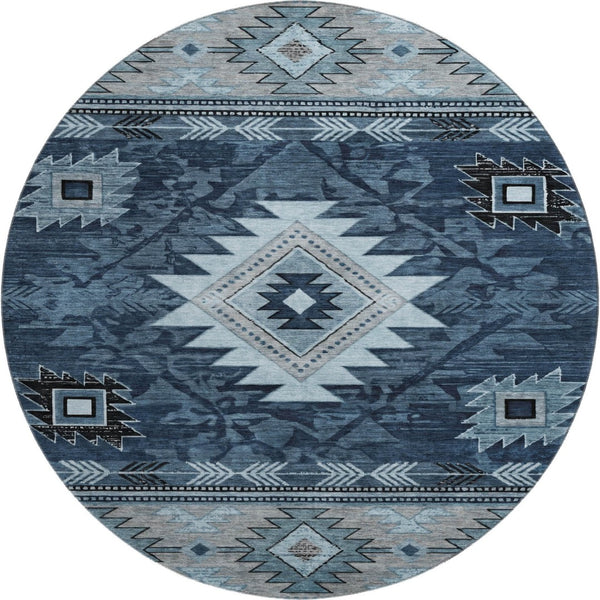 HomeRoots 8' Modern Blue Charcoal Gray Geometric Washable Round Rug – Durable, UV Protected & Easy-Care! 700244