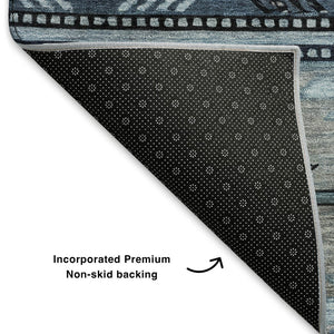 HomeRoots 8' Modern Blue Charcoal Gray Geometric Washable Round Rug – Durable, UV Protected & Easy-Care! 700244