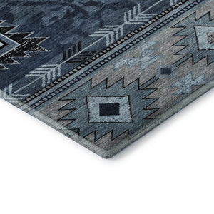 HomeRoots 8' Modern Blue Charcoal Gray Geometric Washable Round Rug – Durable, UV Protected & Easy-Care! 700244