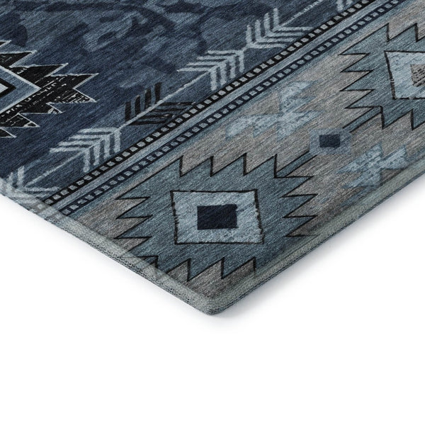 HomeRoots 8' Modern Blue Charcoal Gray Geometric Washable Round Rug – Durable, UV Protected & Easy-Care! 700244