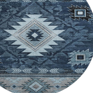 HomeRoots 8' Modern Blue Charcoal Gray Geometric Washable Round Rug – Durable, UV Protected & Easy-Care! 700244