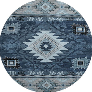 HomeRoots 8' Modern Blue Charcoal Gray Geometric Washable Round Rug – Durable, UV Protected & Easy-Care! 700244