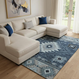 HomeRoots 8' X 10' Geometric Washable Area Rug in Blue, Charcoal & Gray - Durable, UV-Protected & Stylish! 700245