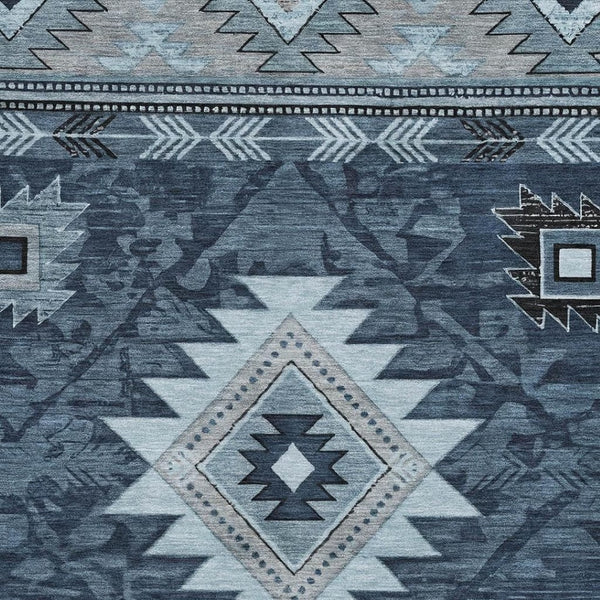 HomeRoots 8' X 10' Geometric Washable Area Rug in Blue, Charcoal & Gray - Durable, UV-Protected & Stylish! 700245